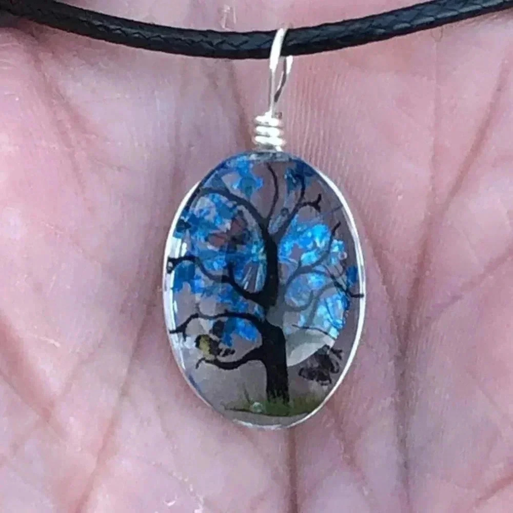 Blue Oval Real Flower Glass Tree Butterfly Necklace NWT